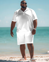 All-Match Solid Color White Polo Shirt Shorts Set Men's Big and Tall