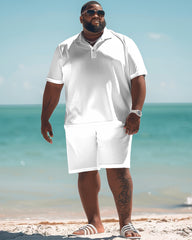 All-Match Solid Color White Polo Shirt Shorts Set Men's Big and Tall