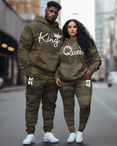 Couple Big and Tall Casual Outfit Camouflage Graffiti King Queen Hoodie Set
