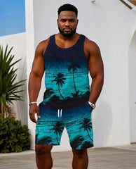 Men's Plus Size Hawaiian Blue Tank Shorts Suit