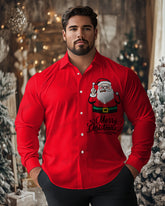 Plus Size Men's Red Merry Christmas Letter Print Lapel Long Sleeve Shirt