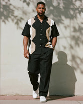 Big & Tall Men's Business Black Stitching Khachi Geometric Printed Short Sleeve Shirt Trousers Suit