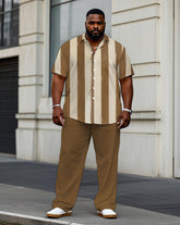Men's Plus Size Business Khaki Thick Striped Short Sleeve Shirt Trousers Suit