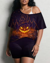 Women's Big & Tall Halloween Purple Pumpkin Graffiti Print Short Sleeve Shorts Suit