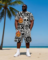 Big Men's Street Fashion Humor Skull Hip Hop Letter Printed Short Sleeve T-Shirt Shorts Set
