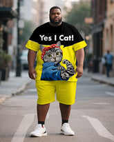Men's Plus Size Black And Yellow Color-block Cat Print Short-sleeved T-shirt Shorts Suit