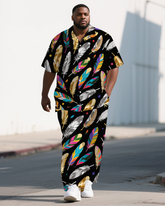 Men's Big and Tall Cartoon World Brilliant Feather Street Style Short-Sleeve Shirt Pants Sets