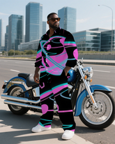 Big Guy's Abstract Planet Technological Theme Casual Long Sleeve Shirt and Pants Set