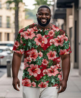 Men's Plus Size Hawaiian Red Floral Print Henry Collar Button Short Sleeve Tee
