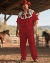 Western Denim-Men's Plus Size Red Guitar Skull Short Sleeve Shirt Pants Suit