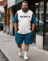 Big & Tall Men's Blue Colorblock Respect Alphabet Print Round Neck Short Sleeve T-Shirt Shorts Suit