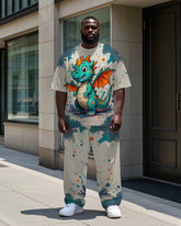 Men's Splash Ink Cute Dinosaur Printed Street Fashion 2-Piece Short Sleeve T-shirt Pants Set