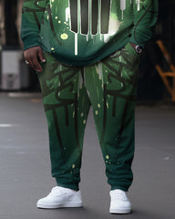 Men's Green Skull Graffiti Large Size Sweatshirt Two Piece Set