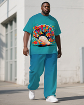 Big Guy's Animal Theme Cartoon Shell Printed Casual Short Sleeve T-shirt Pants Set