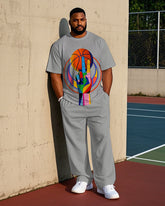 Big Men's Fashion Basketball & Colorful Splicing Hand Printed Short Sleeve T-shirt Pants Set
