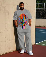 Big Men's Fashion Basketball & Colorful Splicing Hand Printed Short Sleeve T-shirt Pants Set
