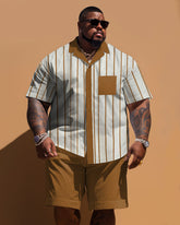 Men's Plus Size Simple Stripe Print Pocket Short Sleeve Shirt Shorts Suit