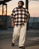 Big & Tall Men's Business Brown Plaid Print Long Sleeve Shirt Trousers Suit