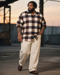 Big & Tall Men's Business Brown Plaid Print Long Sleeve Shirt Trousers Suit