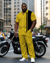 Men's Plus Size Fashion Yellow & Black Simple Short Sleeve Shirt Pants Suit
