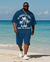 Men's Plus Size Hawaiian Blue Coconut Alphabet Print Shirt Shorts Suit