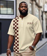 Men's Plus Size Casual Daily Yellow Plaid Letter Print Henry Collar Button Short Sleeve T-Shirt