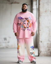 Big & Tall Men's Pink Gradient Graffiti Bear Print Long Sleeve T-Shirt Pants Suit