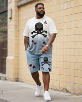 Big & Tall Men's Fashion Street Personality Skull And Star Gradient T-shirt Small Label Shorts Denim Suit