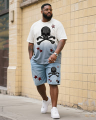 Big & Tall Men's Fashion Street Personality Skull And Star Gradient T-shirt Small Label Shorts Denim Suit