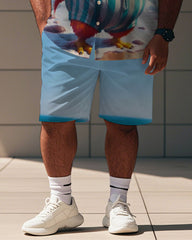 Men's Plus Size Street Fashion Blue Cartoon Fun Chick Print Shirt Shorts Suit