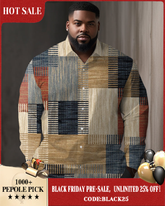 Big Men's Casual Striped Squares Print Lapel Long Sleeve Shirt