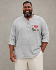 Big & Tall Men's I Love Jesus Love Cross Printed Collar Long Sleeve Shirt
