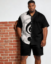Big & Tall Men's Music Black Patchwork White Printed Short Sleeve Shirt Shorts Set