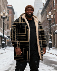 Big & Tall Men's Simple Line Maze Pattern Printed Velvet Thickened Long Hooded Coat