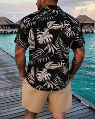 Black Bottom Tropical Palm Leaf Print Short Sleeve Shirt Shorts Holiday Beach Set