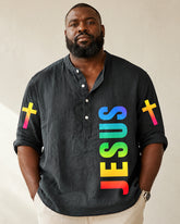 Big & Tall Men's Gradient Rainbow JESUS Letter Cross Printed Collar Sleeve Shirt