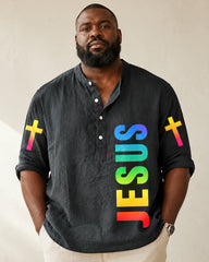 Big & Tall Men's Gradient Rainbow JESUS Letter Cross Printed Collar Sleeve Shirt
