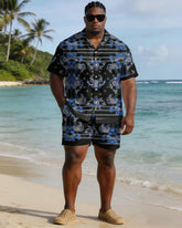Men's Plus Size Black Pellis Pattern Print Short Sleeve Shirt Shorts Set