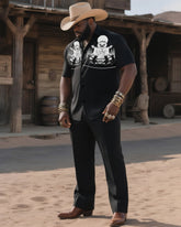 Big & Tall Men's Western Halloween Cat Fire Print-Black Short Sleeve Shirt Pants Suit