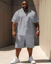 Big Men's Versatile Grey Solid Color Short Sleeve Shirt Shorts Set