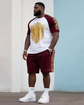 Big & Tall Men's Daily Casual Colorblock Retro Printed Round Neck T-Shirt Shorts Suit
