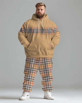 Men's Street Fashion Classic Plaid Spliced Big Hoodie Set