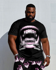 Black Street Fashion Pink Flame Love Heart & Large Lip Pattern Print