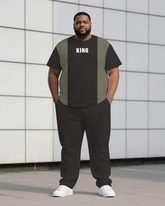 Men's Plus Size Dark Color Contrast Stitching Chest Small Label Printed Short-sleeved T-shirt Trousers Suit