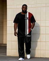 Big Men's Black & Red Color-block POLO Printed Short-sleeved T-shirt Pants Set
