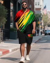 Men's Plus Size Juneteenth Graffiti Print Henley Collar Short Sleeve T-Shirt Shorts Suit