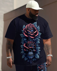 Men's Plus Size Street Fashion Skull Rose Print T-Shirt Trousers Suit