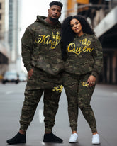 Couple's Big & Tall Casual Retro Queen/King Camouflage Hoodie Set