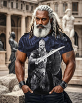 Plus Size Black Printed T-Shirt Men's T-Shirt, Black T-Shirt With Powerful Viking Theme Design-Printed Front And Back