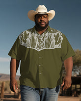 Men's Plus Size Western Style Green Patchwork Cactus Print Short Sleeve Shirt
